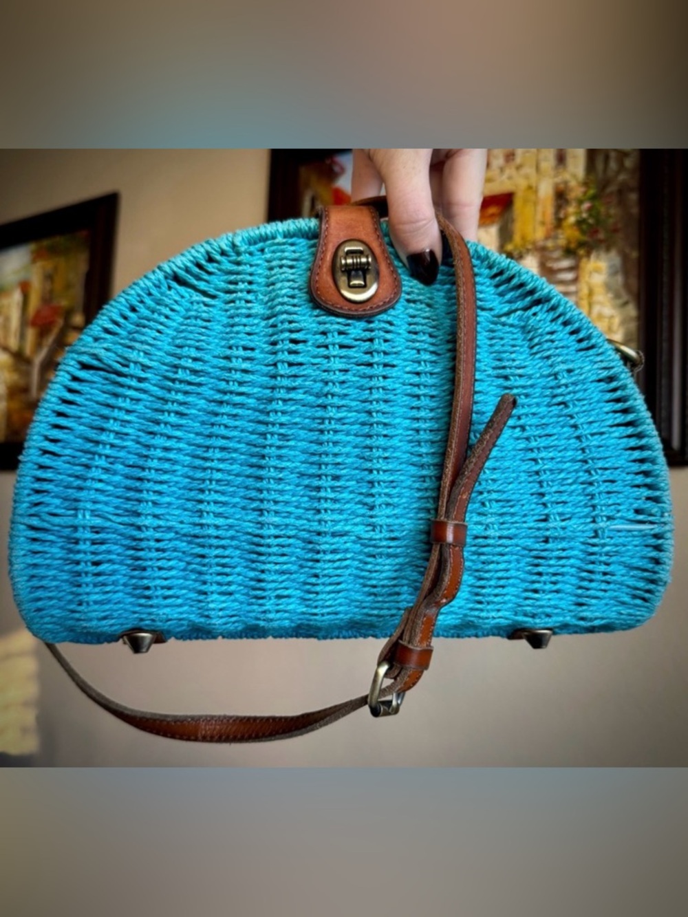 Patricia Nash Bonella Crossbody Wicker Blue Purse Bag Leather Strap